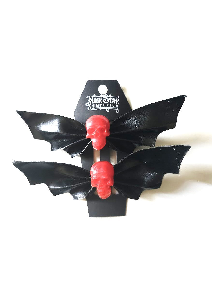 Bat Bow With Skull Hair Clip Red