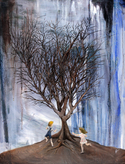 Kids Playing around Tree (Art Print on Metal)